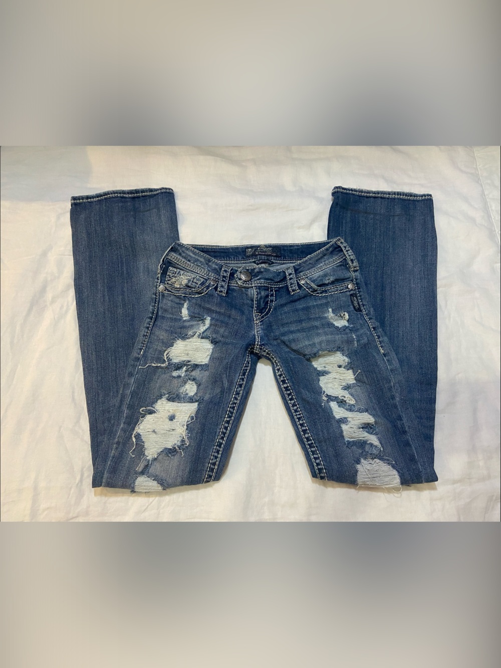 Y2K Lowrise Silver Distressed Flare Jeans